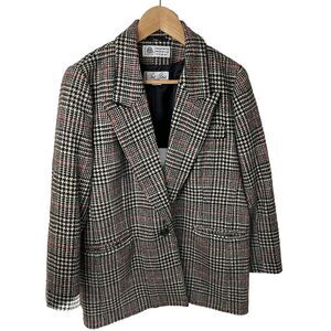 VTG 80s Bill Blass Petites Black White Wool Herringbone Jacket Blazer Women 10 P